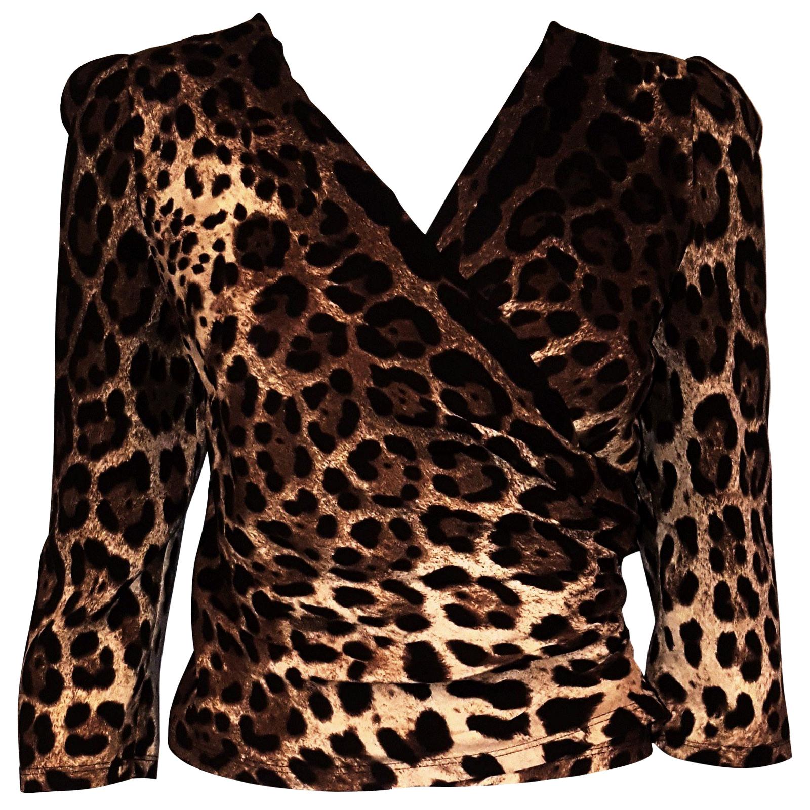 Dolce & Gabbana Silk Leopard Print in Brown & Beige Hues Wrap Blouse 46 EU For Sale
