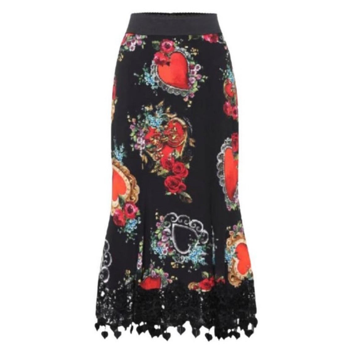 Dolce &amp; Gabbana Midirock aus Seide
Mit Herz- und Rosendruck in schwarz
