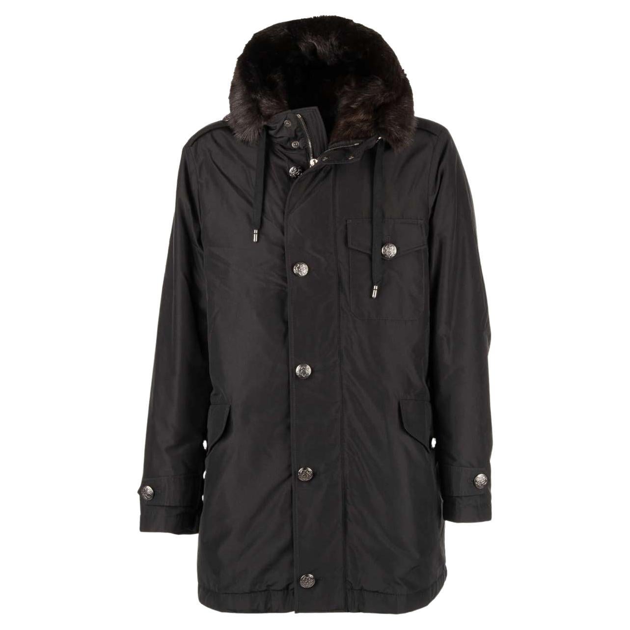 Dolce & Gabbana Silk Parka Jacket with Detachable Fur Lining and Hoody Black 48 For Sale
