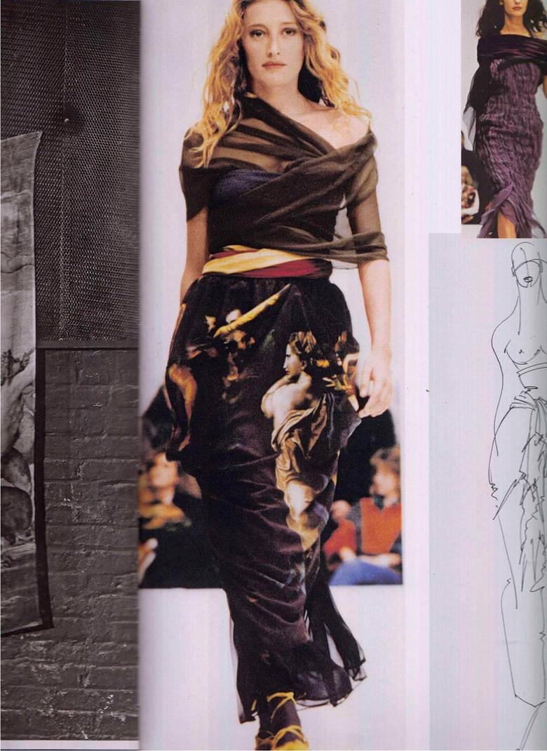 Nero Dolce & Gabbana: gonna a ruota in seta con stampa rinascimentale, ss 1990