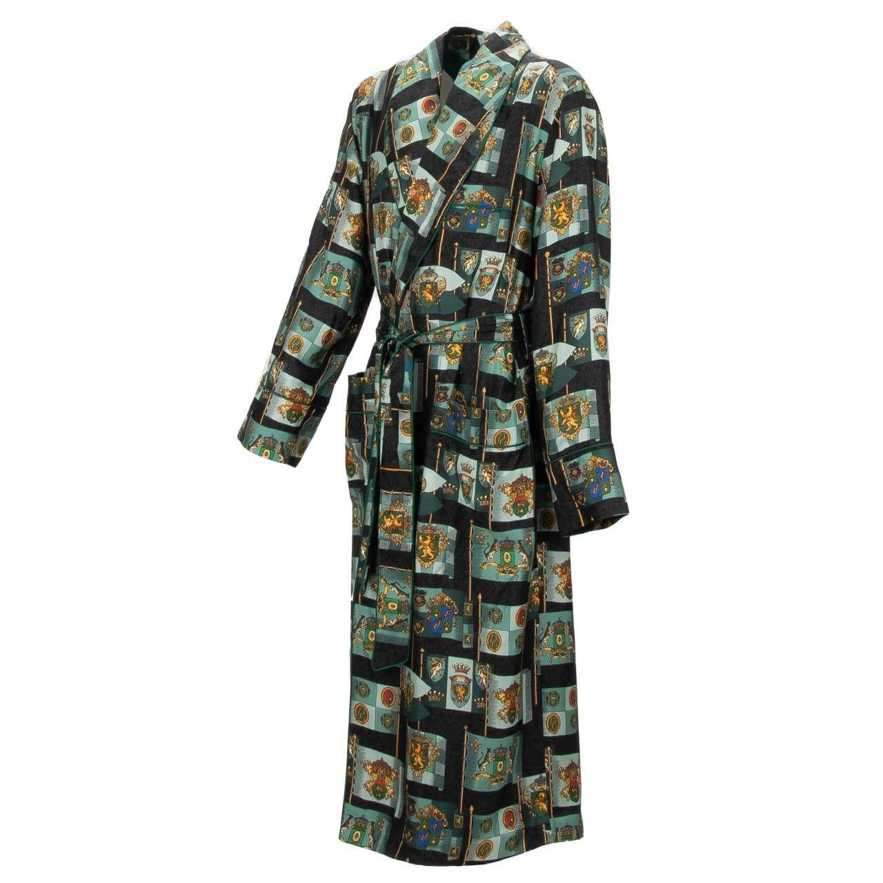Dolce & Gabbana Silk Royal Heraldy Lion Crown Coat Robe Green 48 38 M For Sale 1