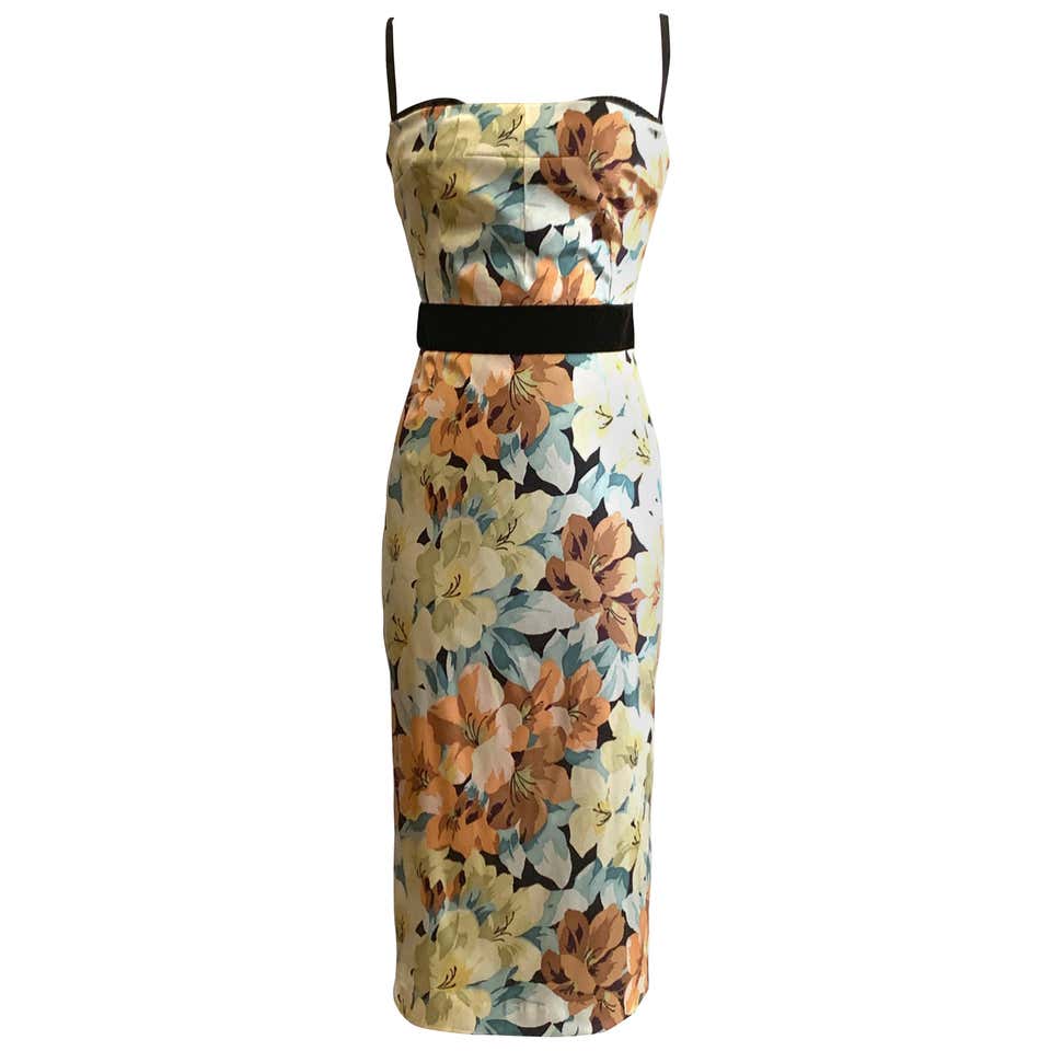Dolce and Gabbana Silk Satin Floral Midi Dress with Lace Trim at 1stDibs