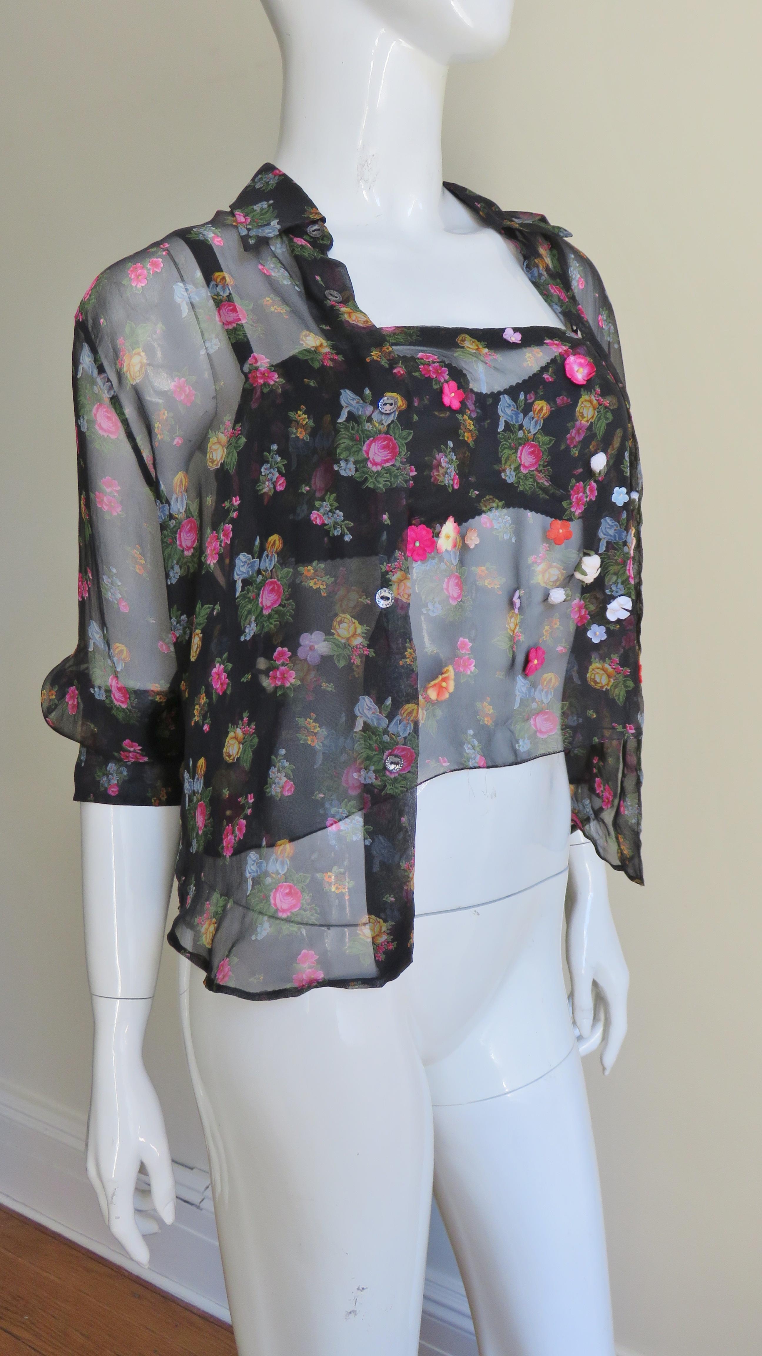 Dolce & Gabbana Silk Shirt Bra and Flower Applique Wrap In Good Condition In Water Mill, NY