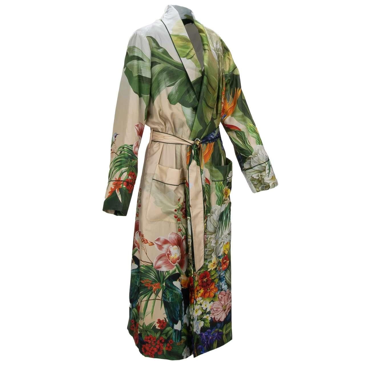 Dolce & Gabbana - Silk Tropical Printed Coat Robe Green Orange 46 For Sale 2