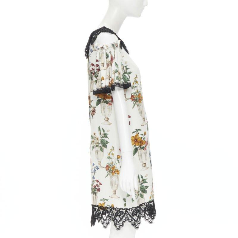 Gris DOLCE GABBANA Robe évasée à épaules dénudées en soie et dentelle florale à fleurs, taille IT 38 XS en vente