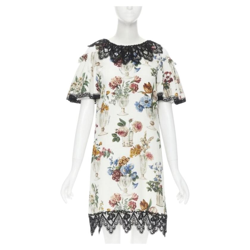 DOLCE GABBANA silk vase floral lace cold shoulder flared dress IT38 XS