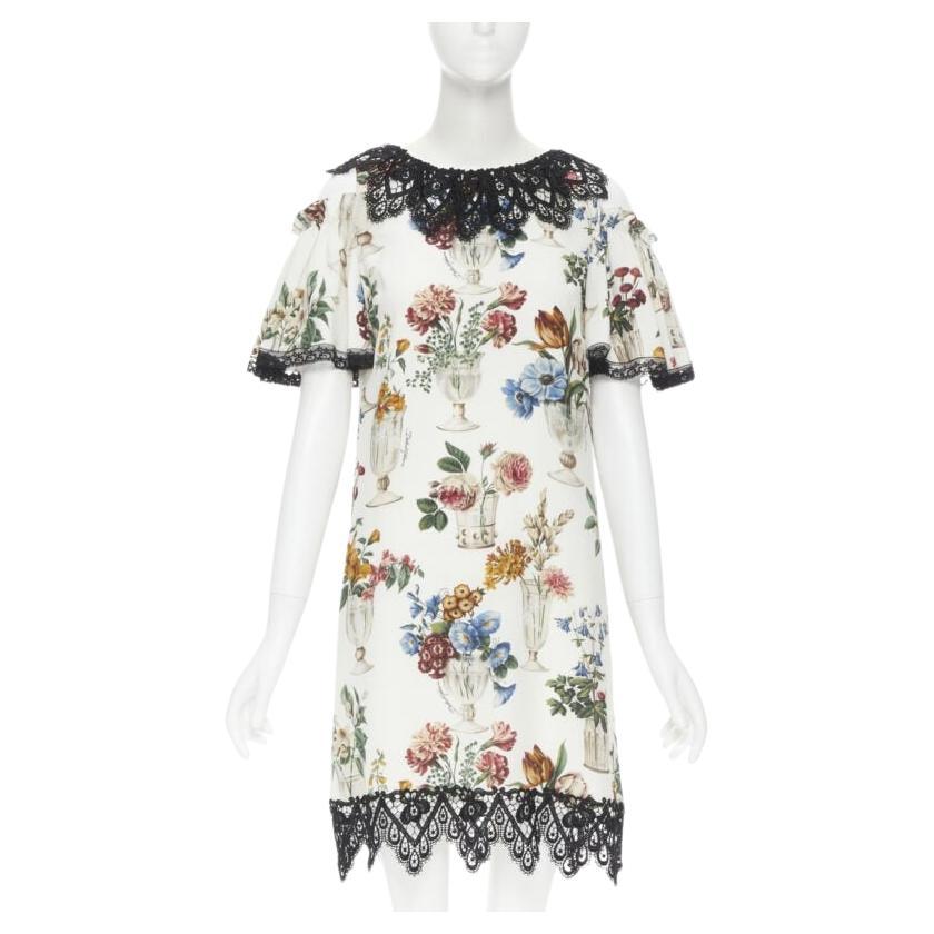 DOLCE GABBANA silk vase floral lace cold shoulder flared dress IT38 XS
