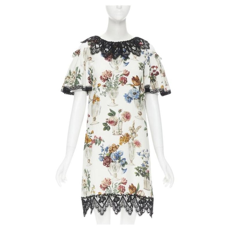 DOLCE GABBANA silk vase floral lace cold shoulder flared dress IT38 XS For  Sale at 1stDibs