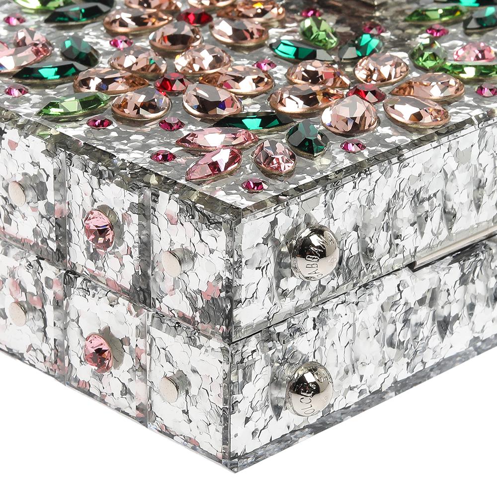 Dolce & Gabbana Silver Acrylic Crystal Embellished Box Locket Clutch Bag 5