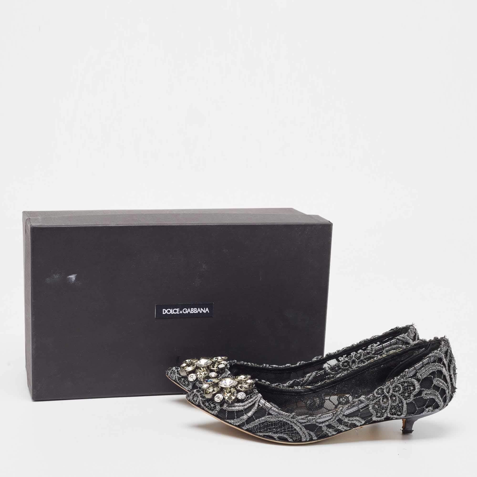 Dolce & Gabbana Silver/Black Lace Bellucci Crystal Embellished Kitten Heel Pumps For Sale 5