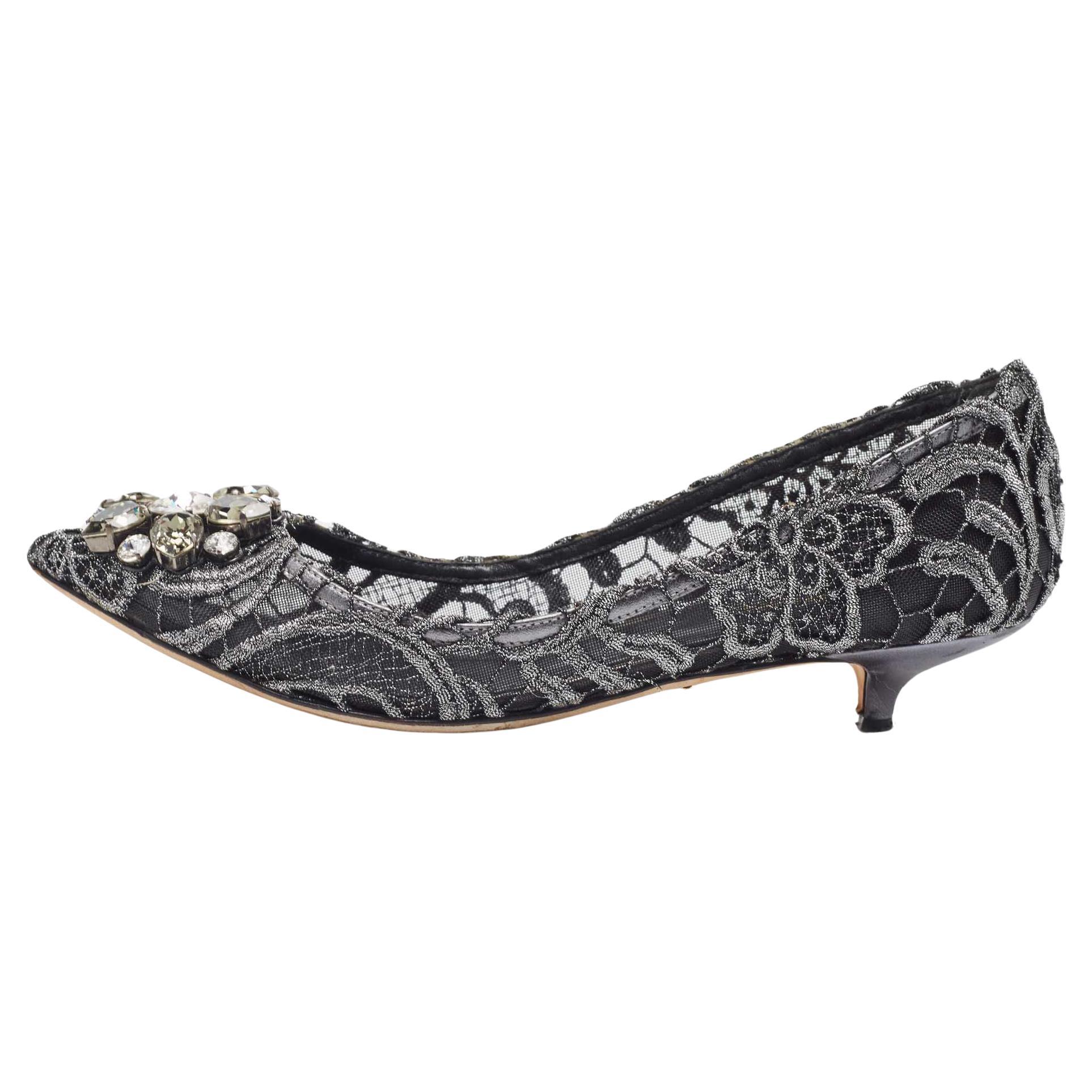 Dolce & Gabbana Silver/Black Lace Bellucci Crystal Embellished Kitten Heel Pumps For Sale