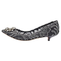 Dolce & Gabbana Silver/Black Lace Bellucci Crystal Embellished Kitten Heel Pumps
