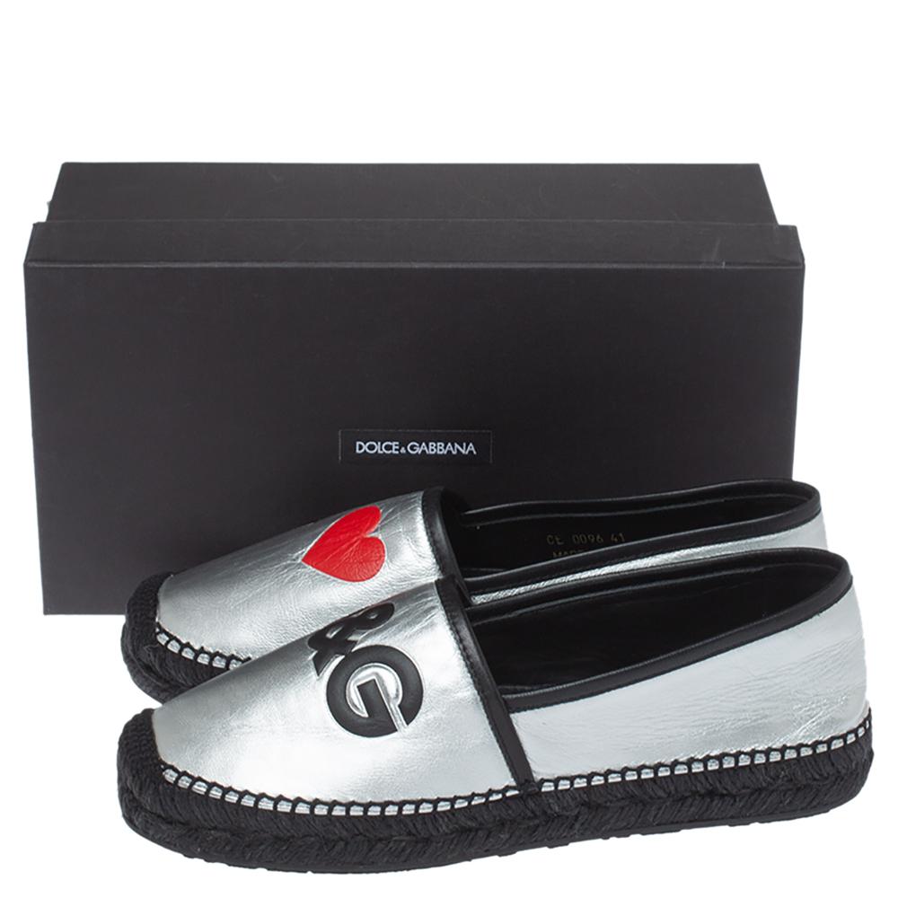 Dolce & Gabbana Silver/Black Leather I Love DG Print Espadrille Flats Size 41 4