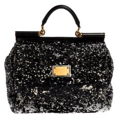 Dolce & Gabbana Silver/Black Sequin and Leather Large Miss Sicily Top Handle Bag