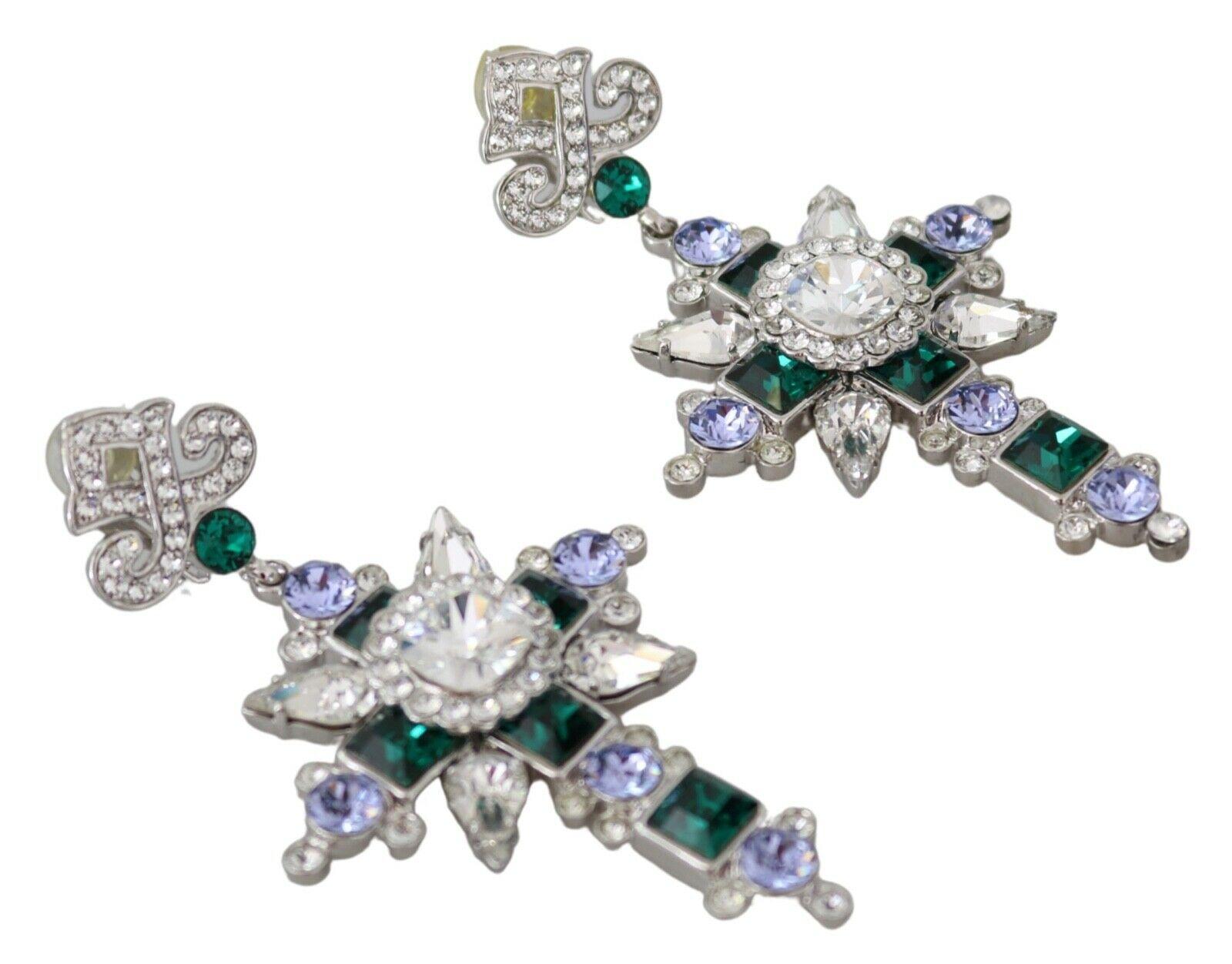 Modern Dolce & Gabbana Silver Brass Crystal Cross Clip-on Dangle Earrings Green Purple
