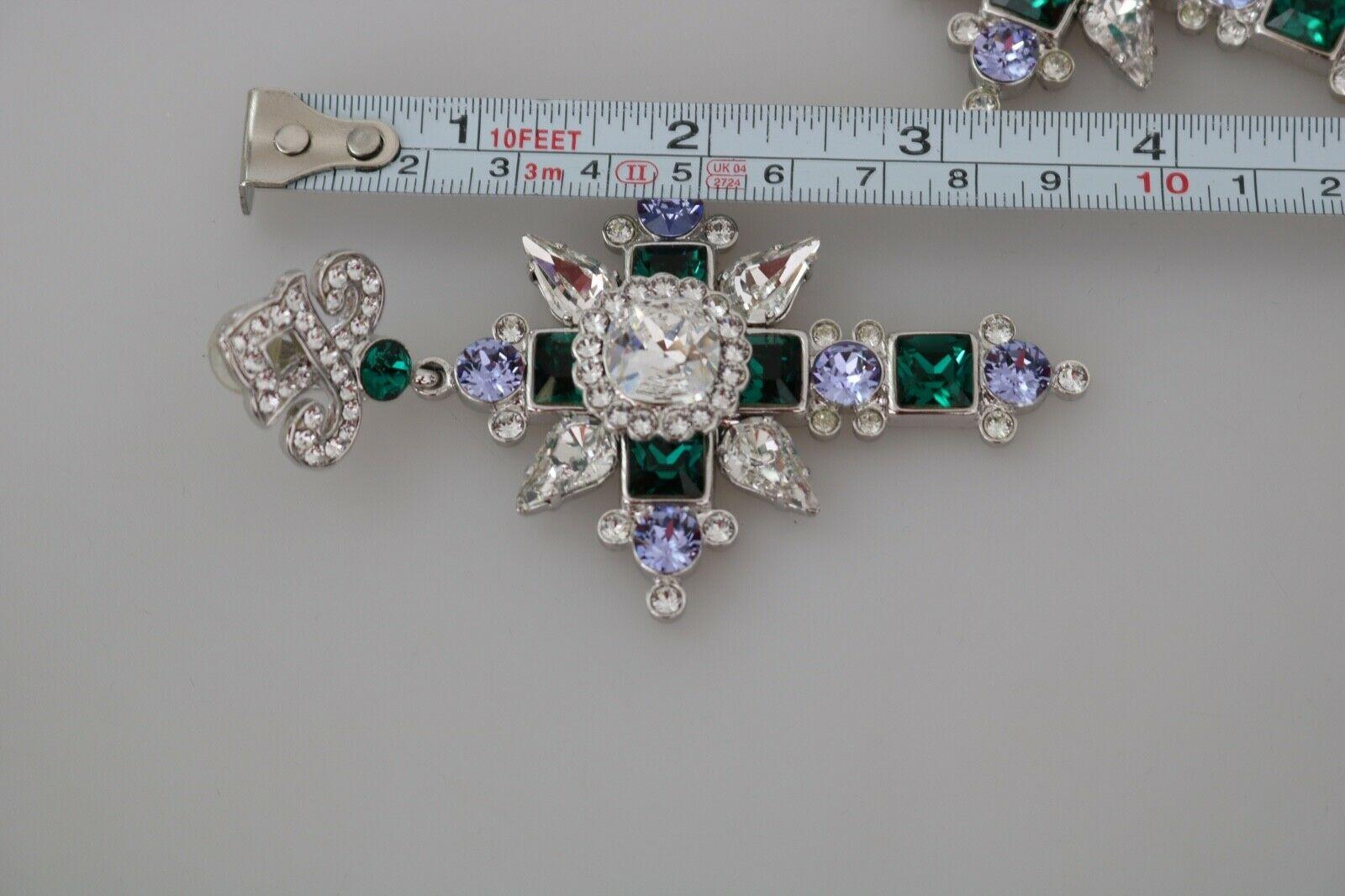 Dolce & Gabbana Silver Brass Crystal Cross Clip-on Dangle Earrings Green Purple 1
