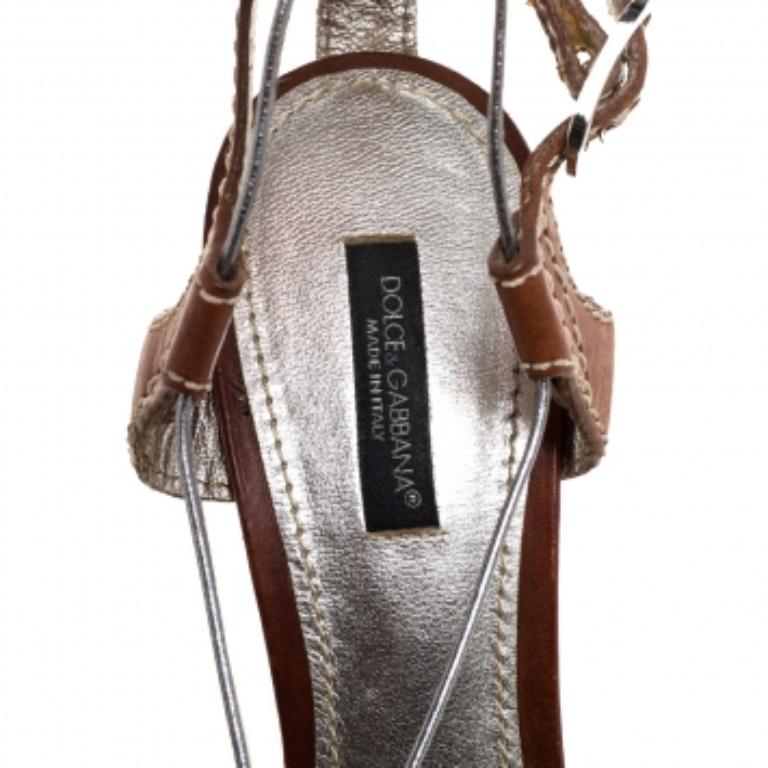 Women's Dolce & Gabbana Silver/Brown Leather Platform Ankle Strap Sandals Size 38 For Sale