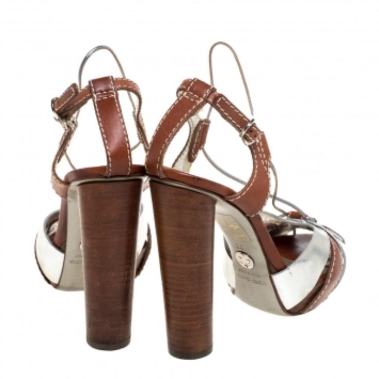 Dolce & Gabbana Silver/Brown Leather Platform Ankle Strap Sandals Size 38 For Sale 2