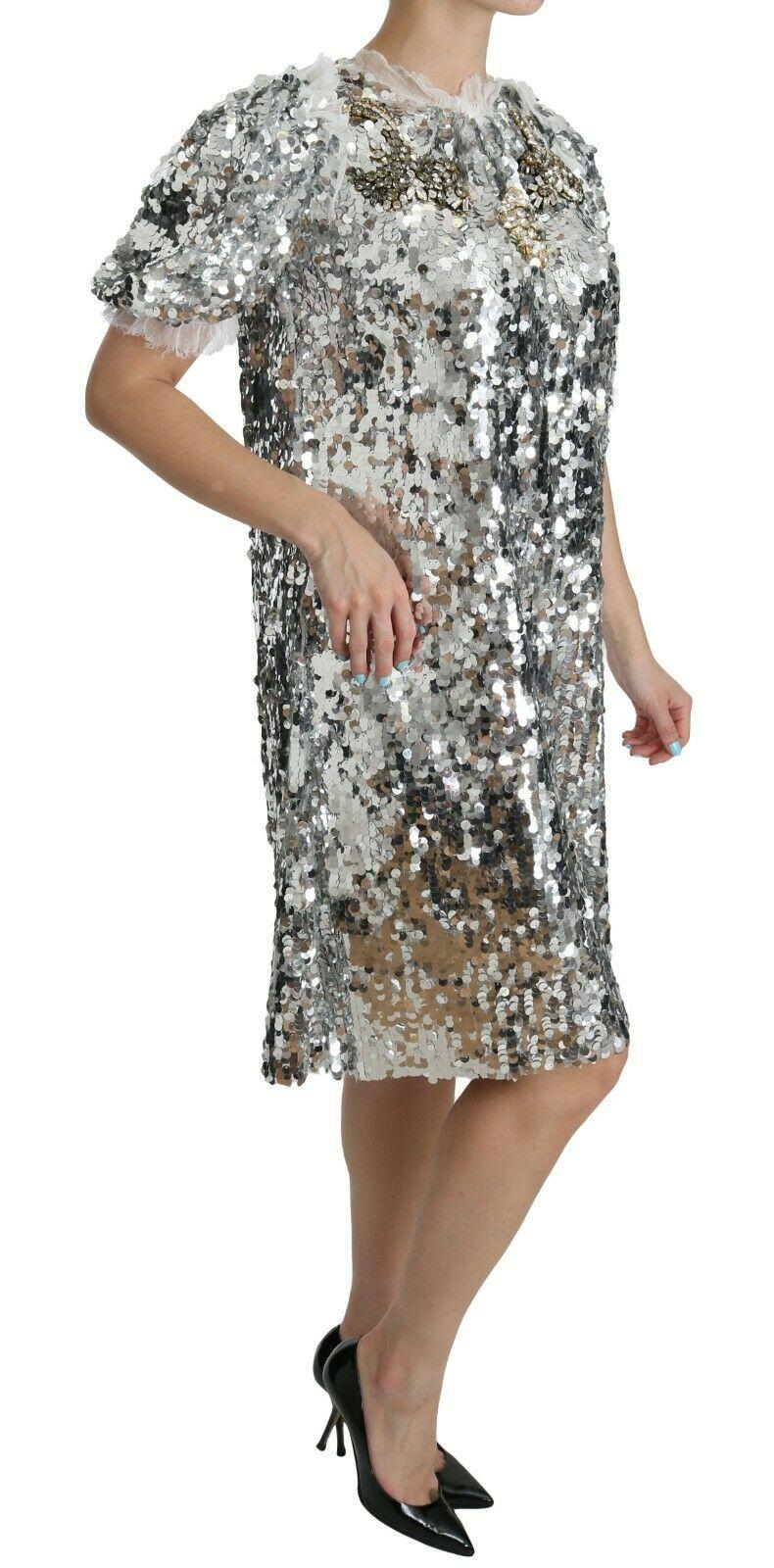Dolce & Gabbana Silver Crystal Polyester Shift A-line Short Mini Party Dress D&G In New Condition For Sale In WELWYN, GB