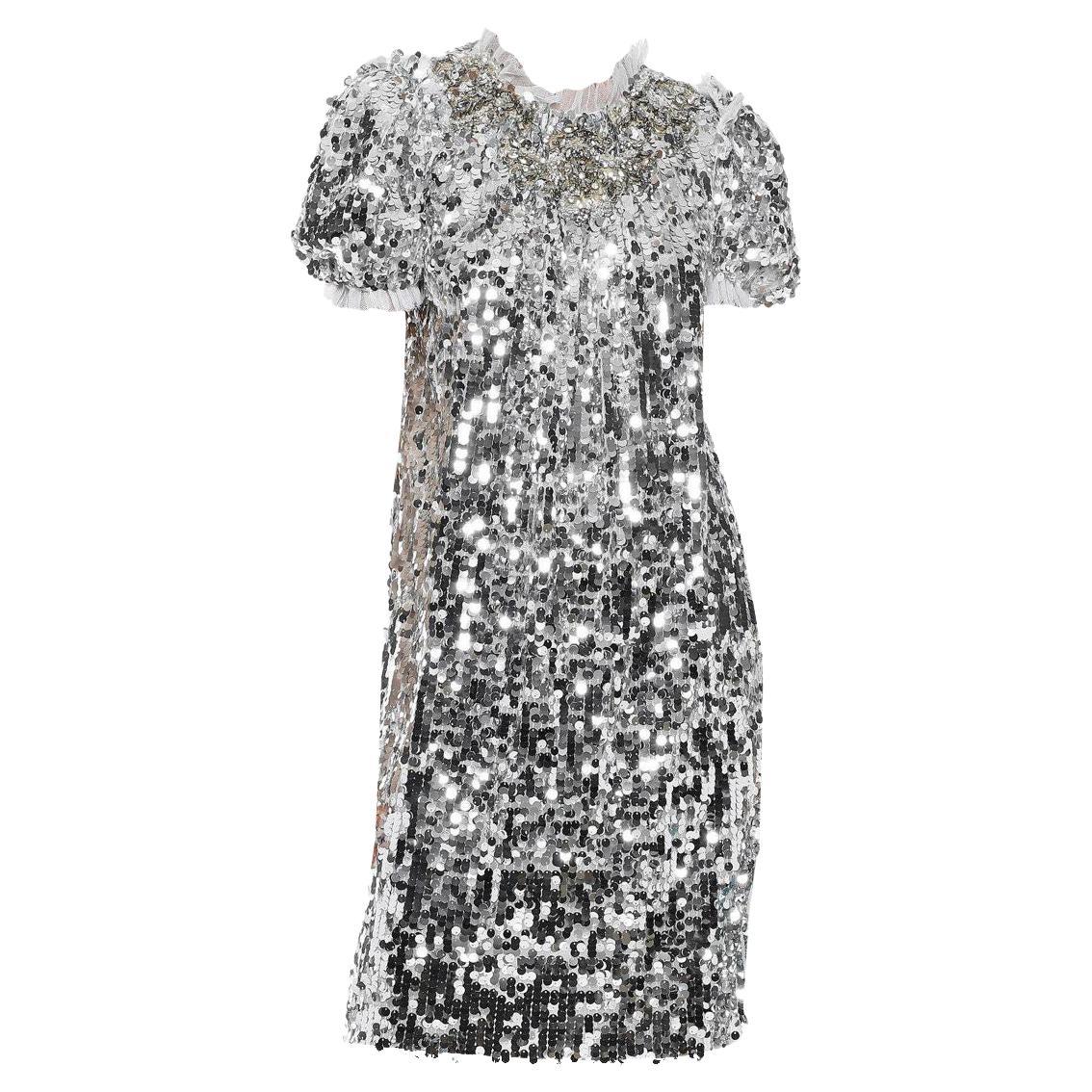 Dolce & Gabbana Silver Crystal Polyester Shift A-line Short Mini Party Dress D&G For Sale