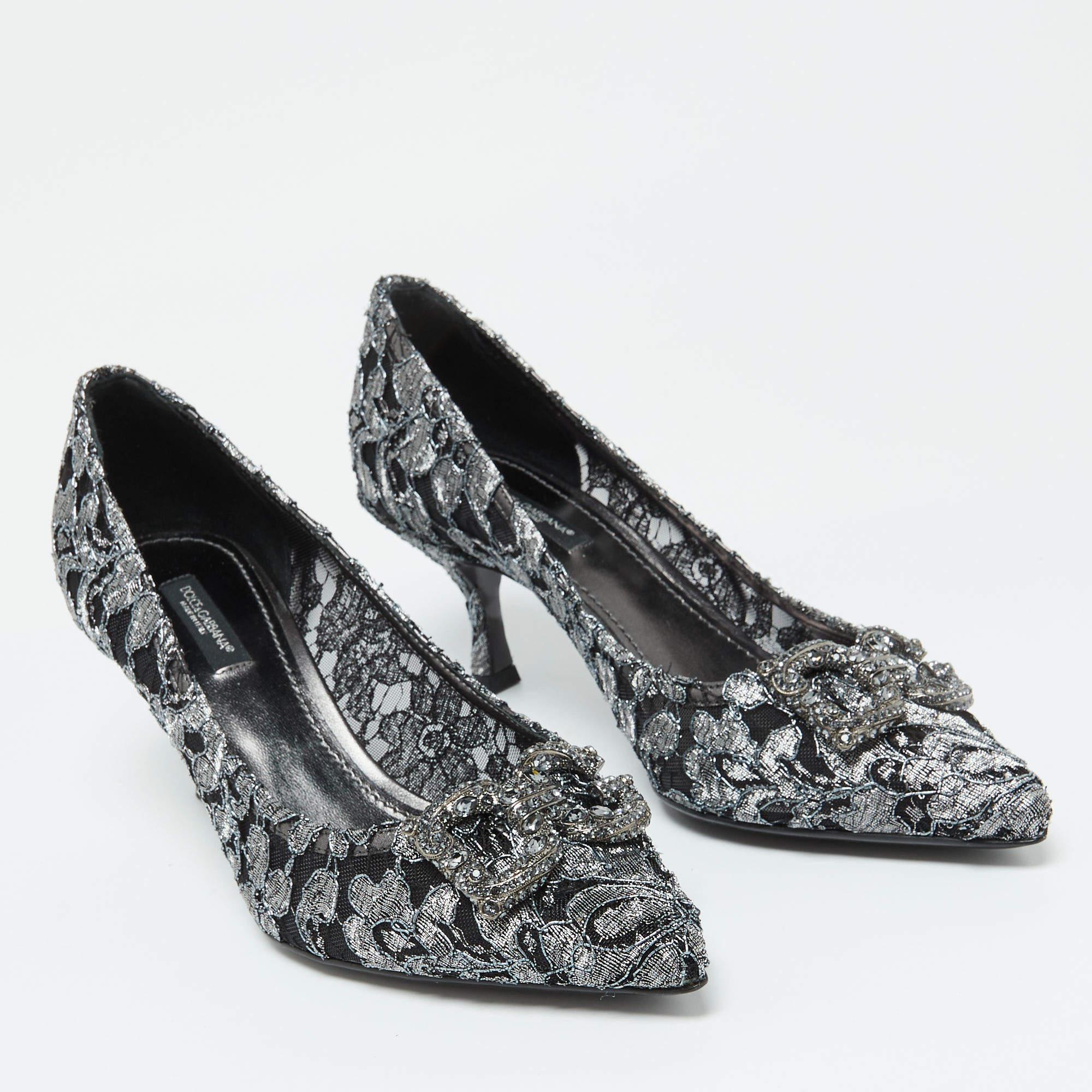 Women's Dolce Gabbana Silver Lace DG Amore Crystal Embellished Pointed Toe Pumps Size 39