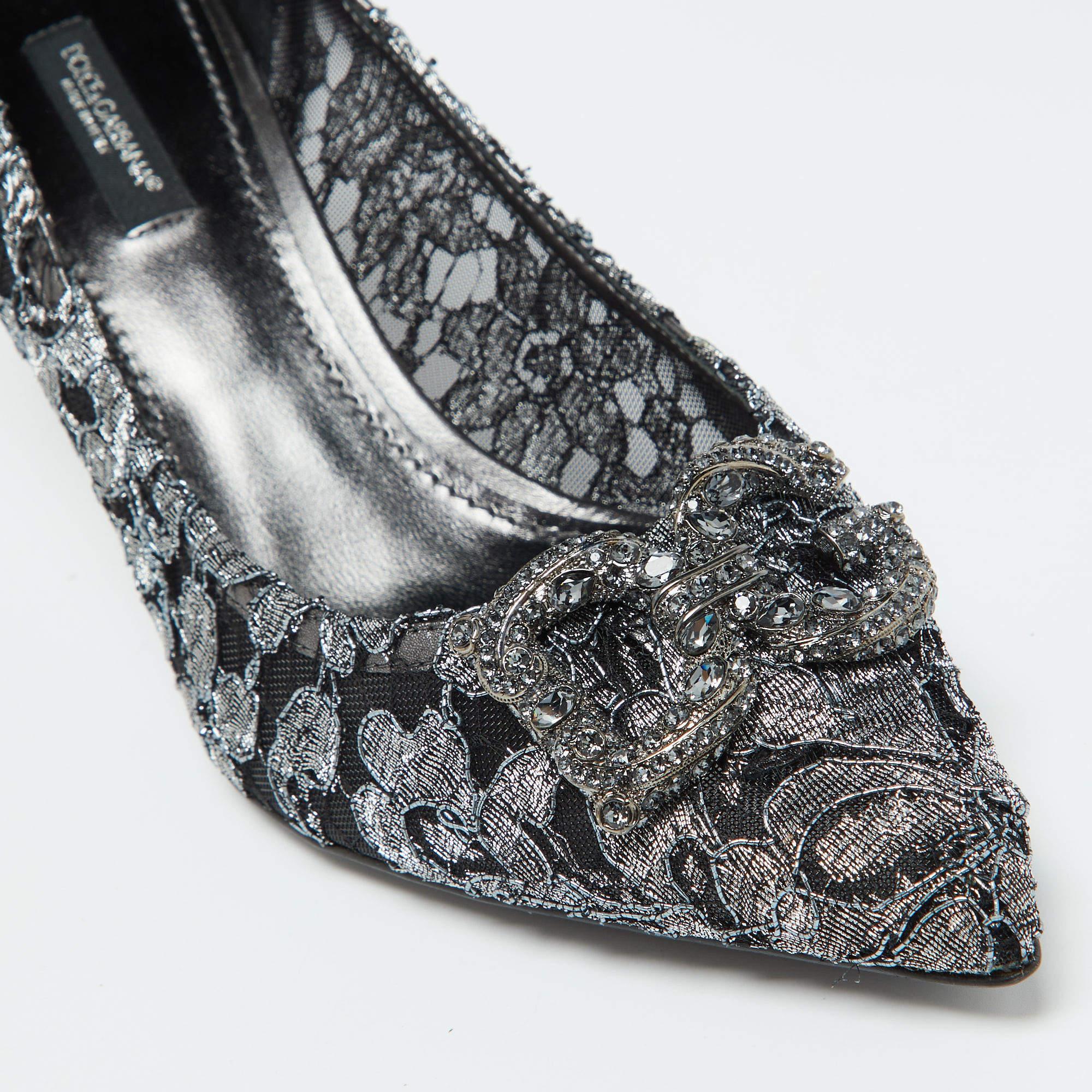 Dolce Gabbana Silver Lace DG Amore Crystal Embellished Pointed Toe Pumps Size 39 4