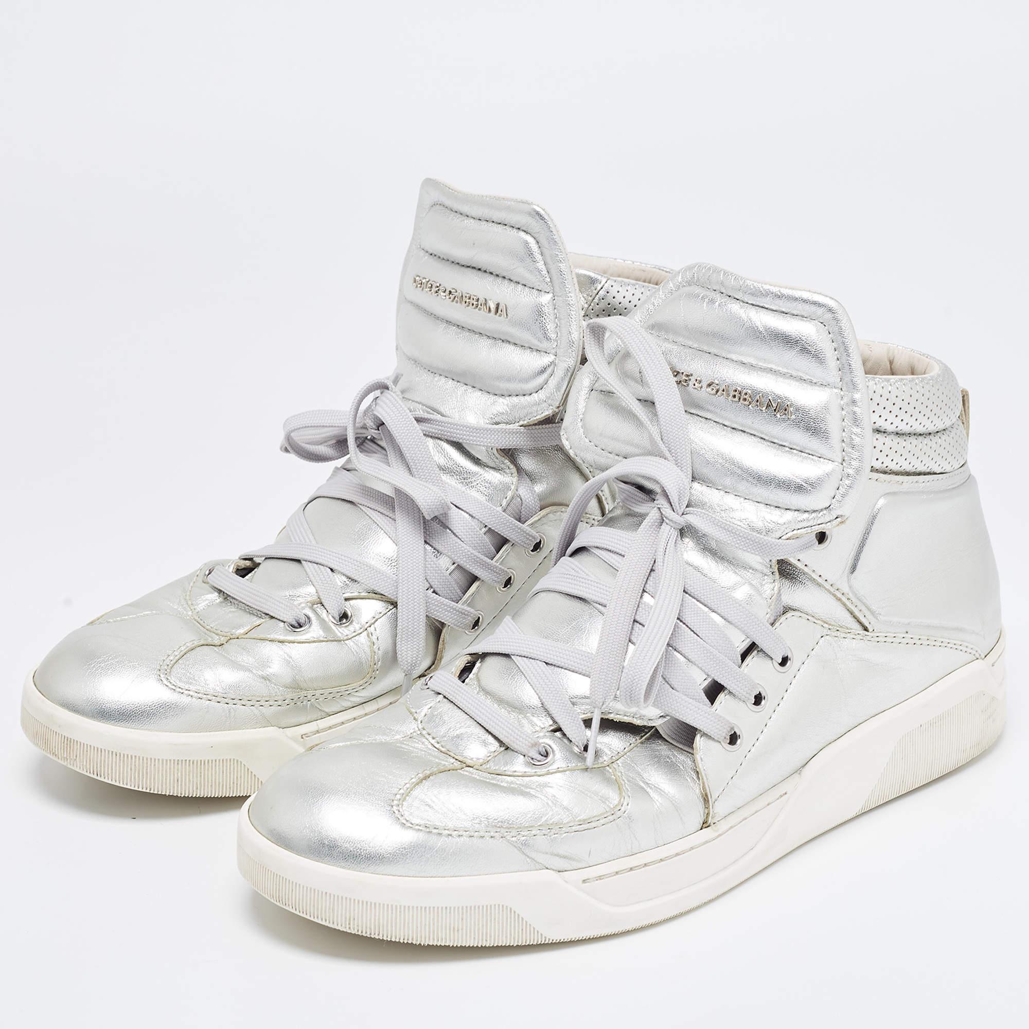 Dolce & Gabbana Silver Leather Benelux High Top Sneakers Size 45 In Good Condition In Dubai, Al Qouz 2