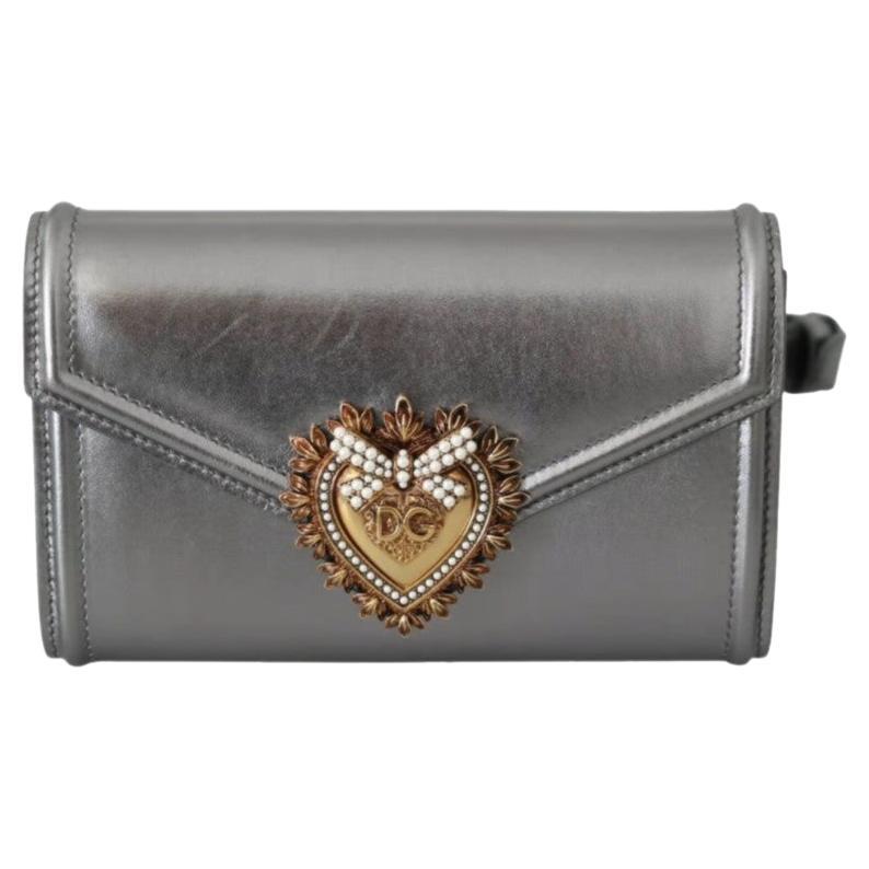 Dolce & Gabbana Silver Leather Devotion Clutch Bag Handbag Gold DG Heart Pearls