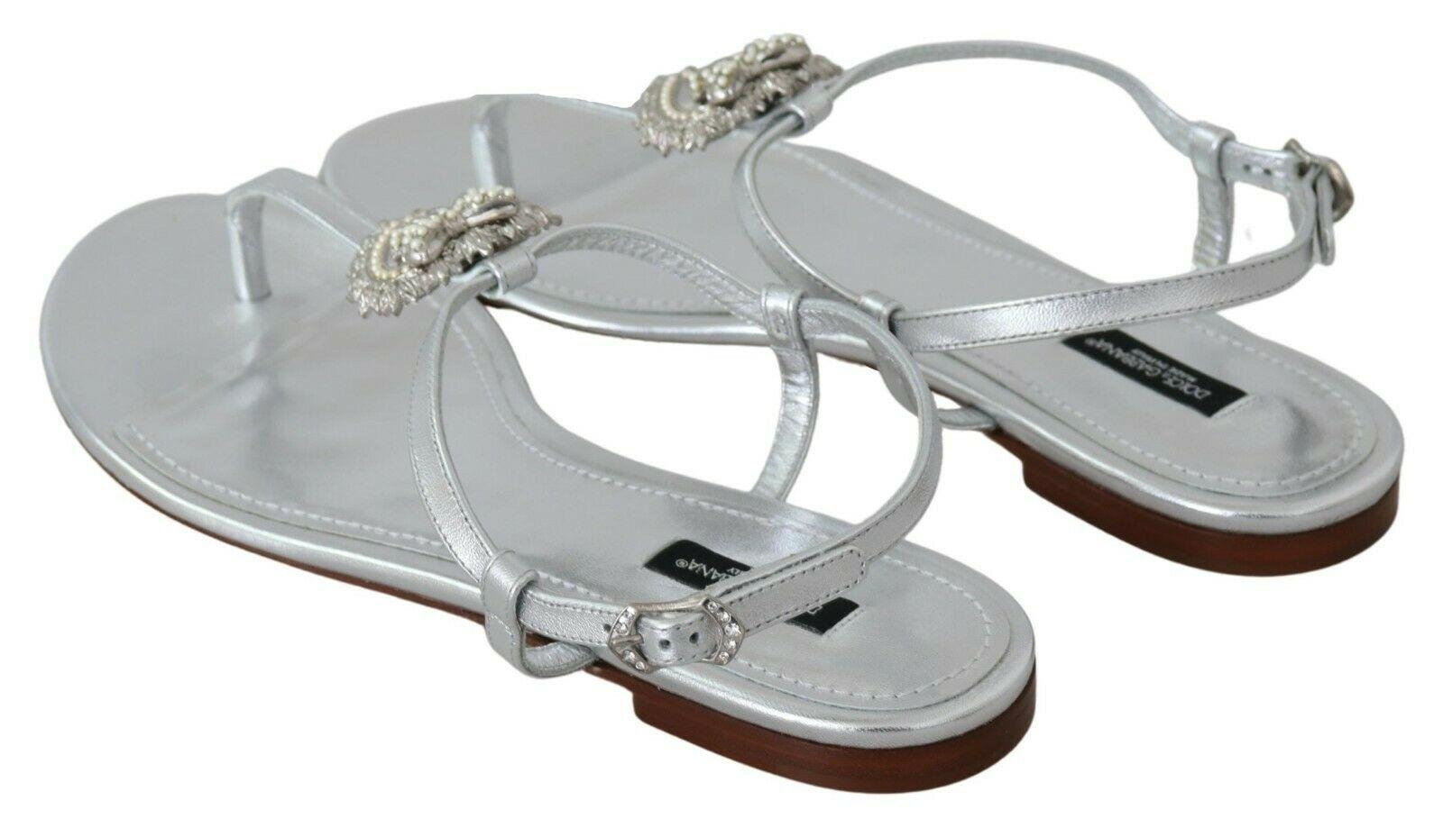 Women's Dolce & Gabbana Silver Leather Devotion Flats Strap Sandals Flip Flops DG Heart