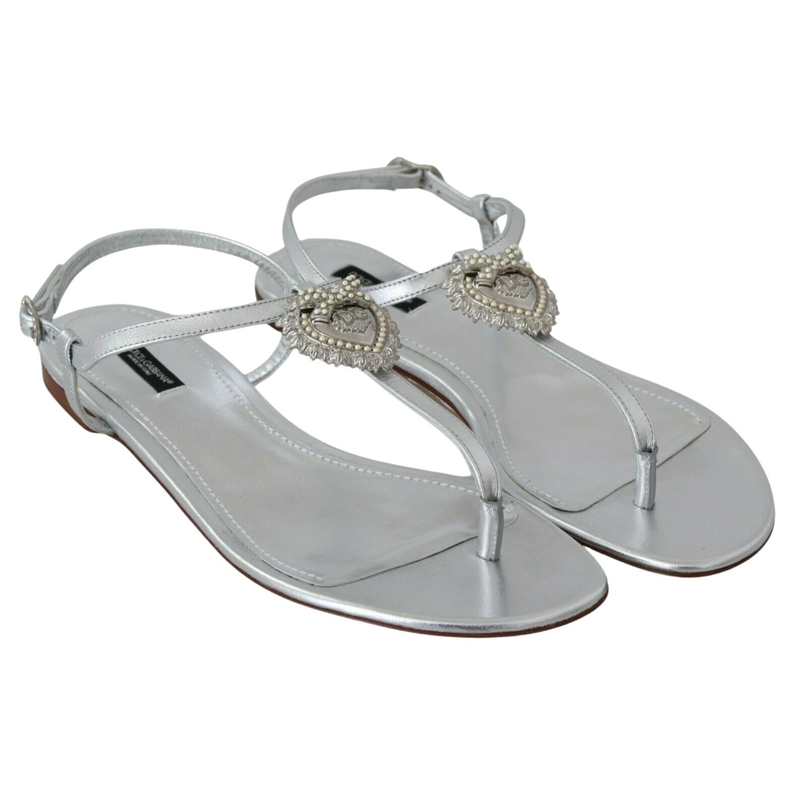 Dolce and Gabbana Silver Leather Devotion Flats Strap Sandals Flip ...