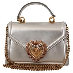 Dolce & Gabbana Silver Leather Devotion Heart Handbag Shoulder Clutch Phone Bag 