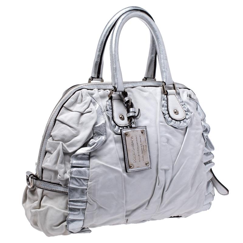 Women's Dolce & Gabbana Silver Leather Miss Rouche Distressed Satchel For Sale