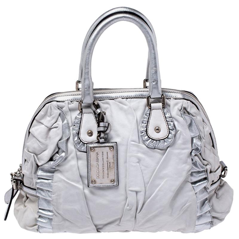 Dolce & Gabbana Silver Leather Miss Rouche Distressed Satchel