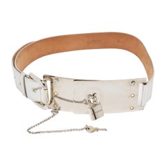 Dolce & Gabbana Silver Leather Padlock Metal Waist Belt 90 CM