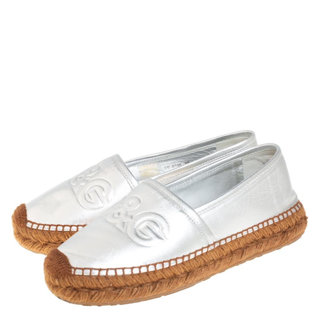 Women's Dolce & Gabbana Silver Leather Slip On Flat Espadrilles Size 39