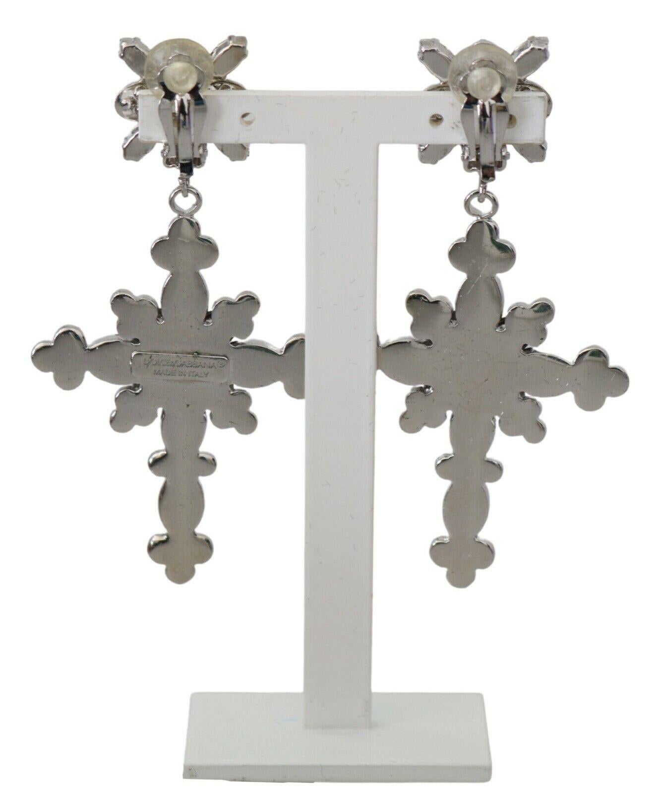 Modern Dolce & Gabbana Silver Purple Lilac Brass Crystals Cross Clip-on Drop Earrings