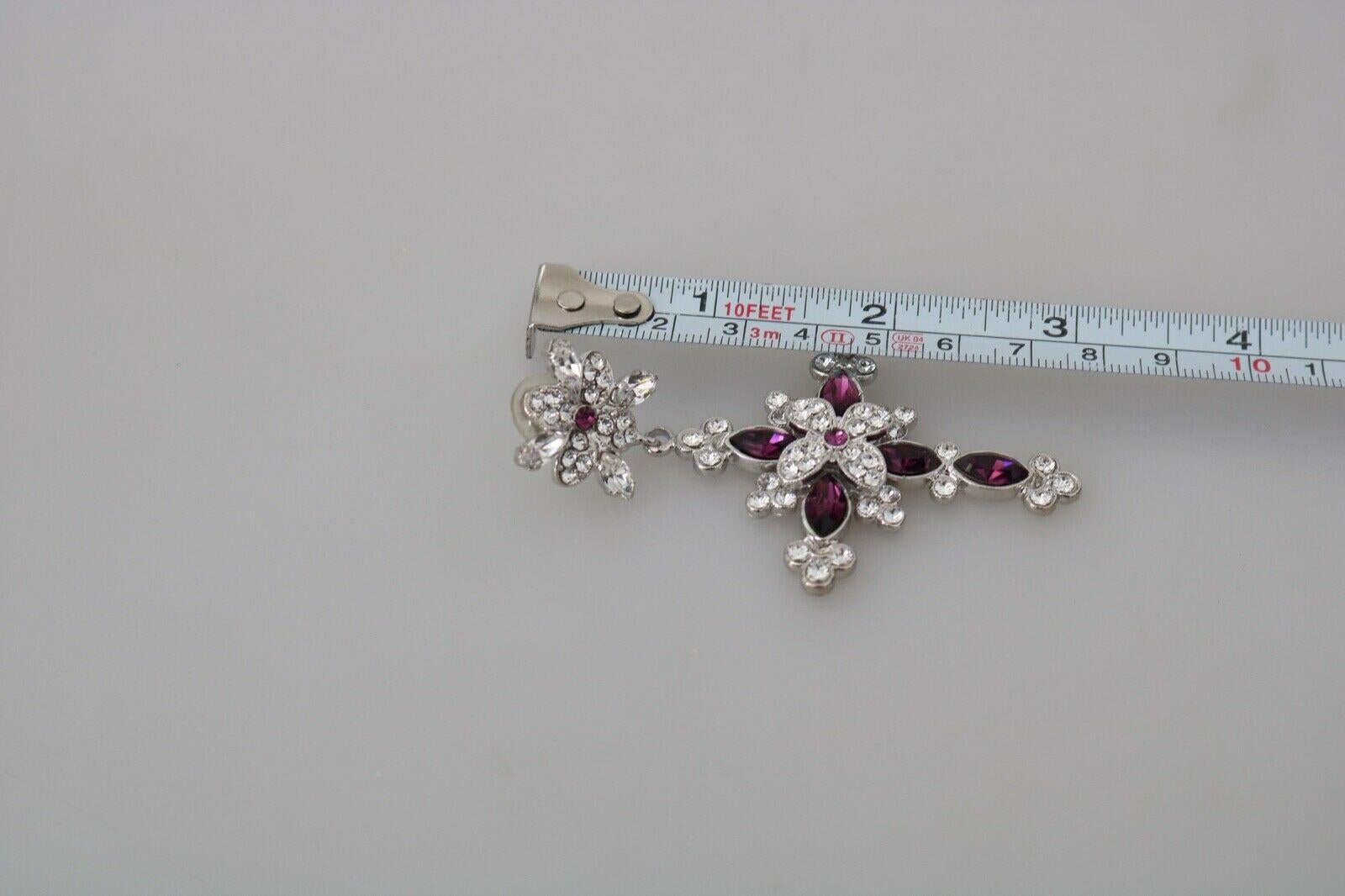 Dolce & Gabbana Silver Purple Lilac Brass Crystals Cross Clip-on Drop Earrings In New Condition In WELWYN, GB