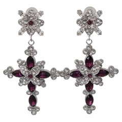 Dolce & Gabbana Silver Purple Lilac Brass Crystals Cross Clip-on Drop Earrings