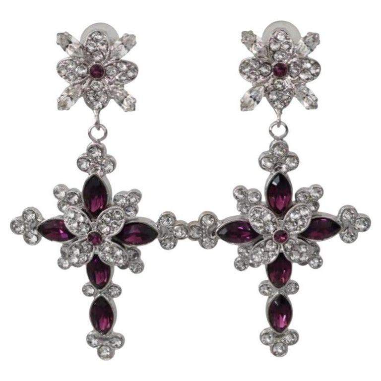Dolce and Gabbana Silver Purple Lilac Brass Crystals Cross Clip-on Drop  Earrings at 1stDibs