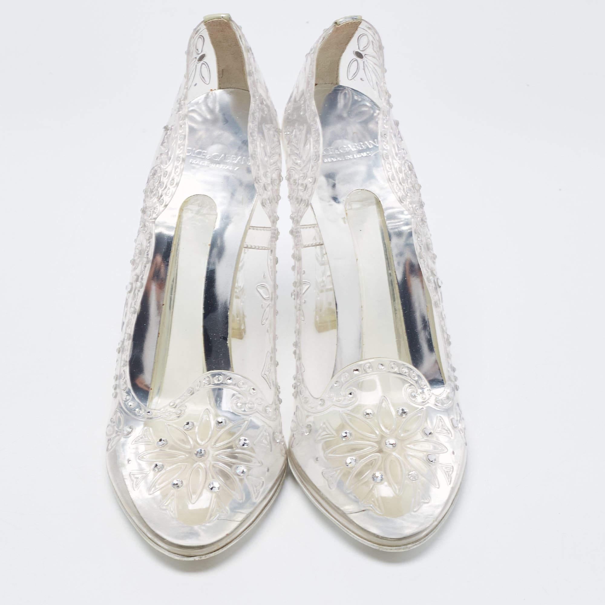 Bringing fairytale dreams to life, Dolce & Gabbana fashioned these Cinderella pumps using clear PVC and sprinkled dazzling crystals around the floral-patterned exterior. The dreamy pumps have insoles lined with leather and they stand tall on 11cm
