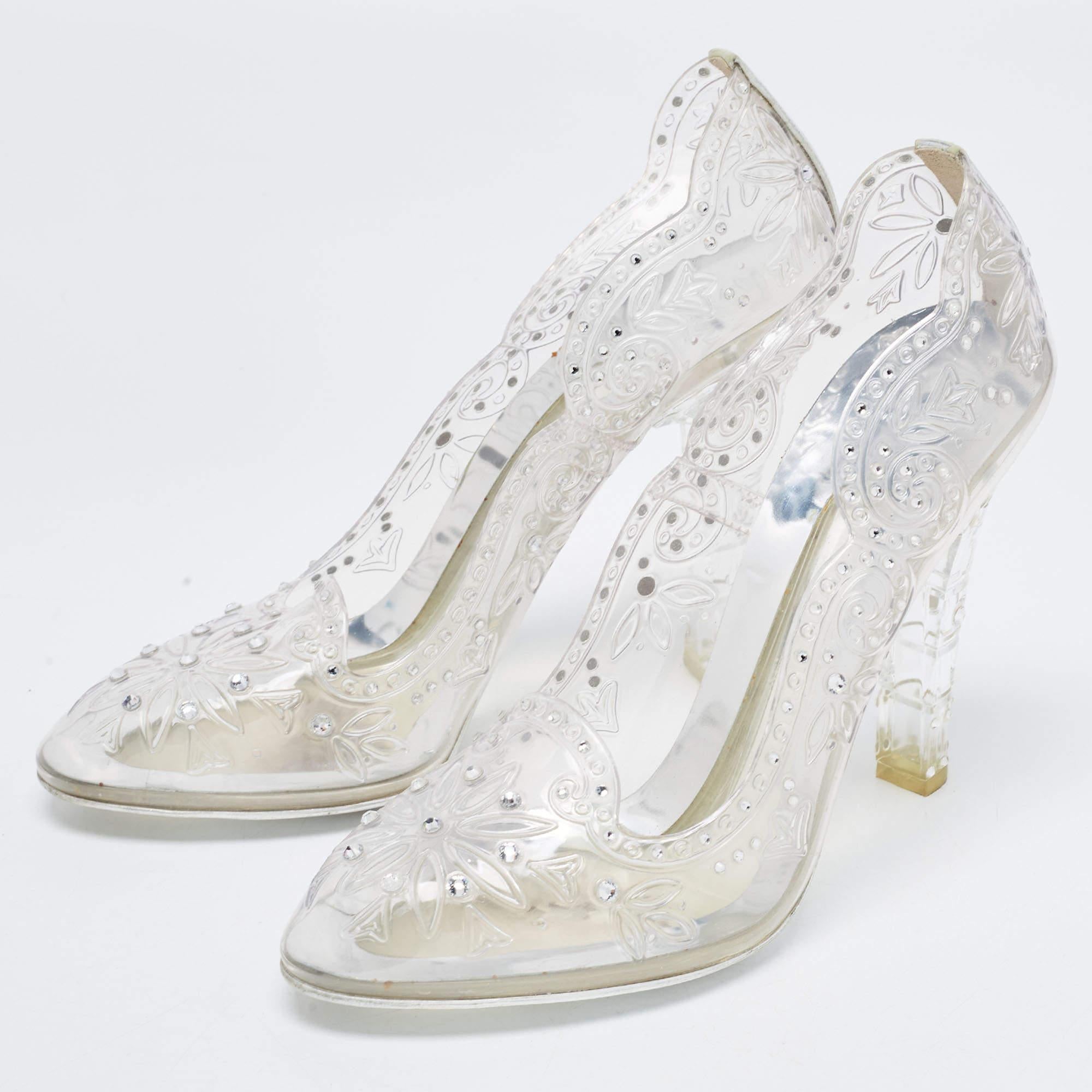 Dolce & Gabbana Silver PVC Crystal Embellished Cinderella Pumps Size 38.5 5