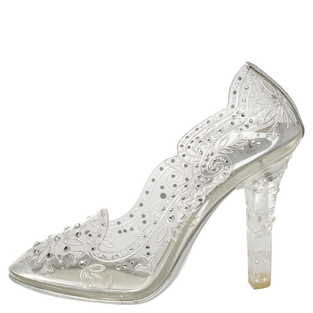 Bringing fairytale dreams to life, Dolce & Gabbana fashioned these Cinderella pumps using clear PVC and sprinkled dazzling crystals around the floral-patterned exterior. The dreamy pumps have insoles lined with leather and they stand tall on 10 cm