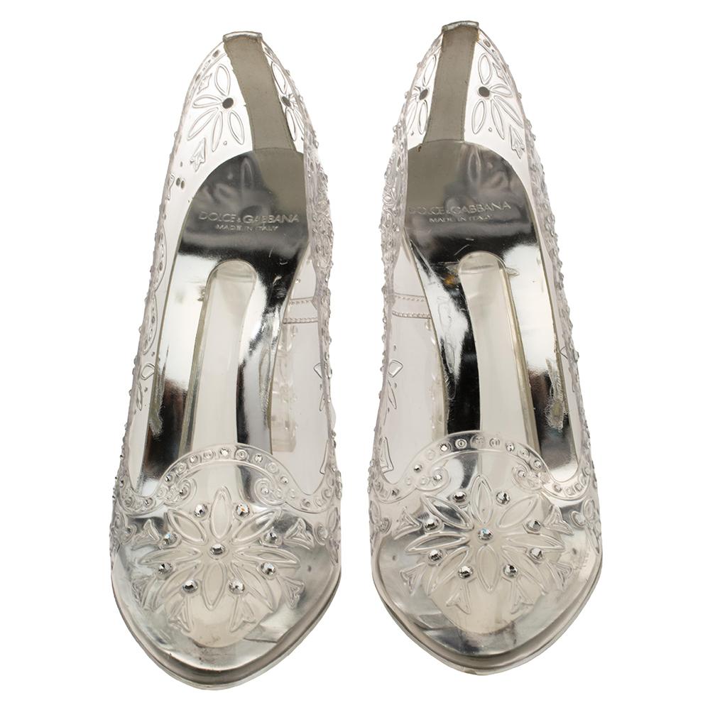 Bringing a fairytale element to you, Dolce & Gabbana fashioned these Cinderella pumps using clear PVC and sprinkled crystals around the floral-patterned exterior. The dreamy pumps are lined with leather and 10 cm heels.

Includes: Shoe Tree