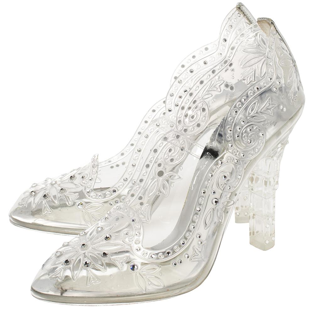 Dolce & Gabbana Silver PVC Crystal Embellishment Cinderella Pumps Size 37.5 In Good Condition In Dubai, Al Qouz 2