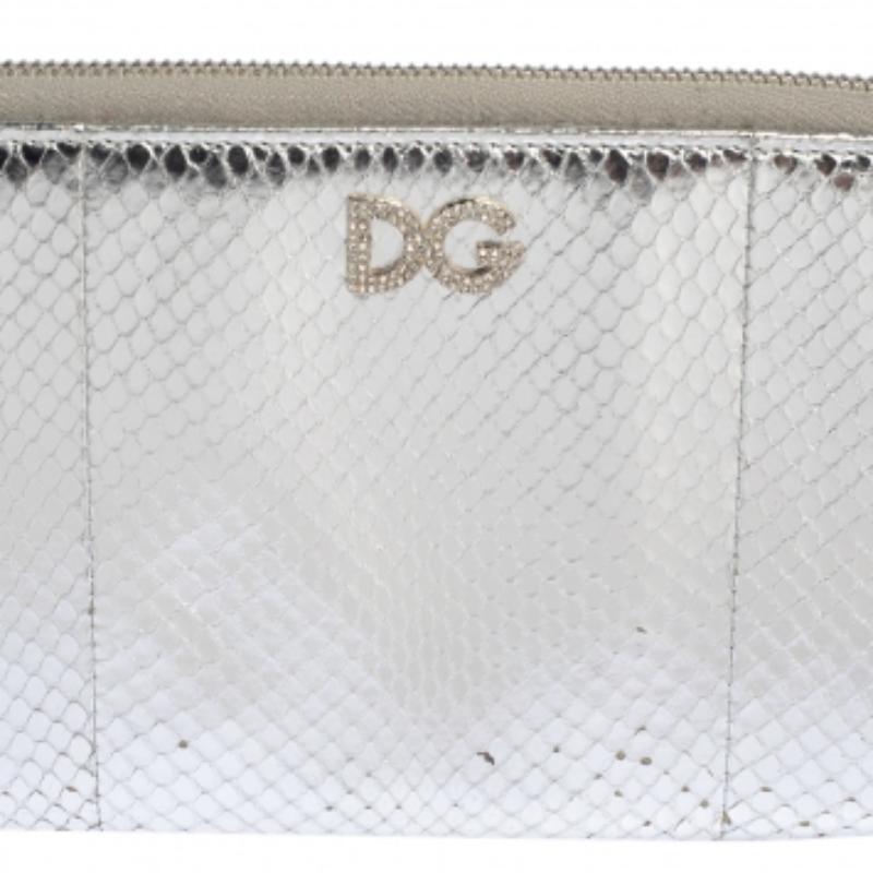 Women's Dolce & Gabbana Silver Python Embossed Leather Zip Around Wallet For Sale
