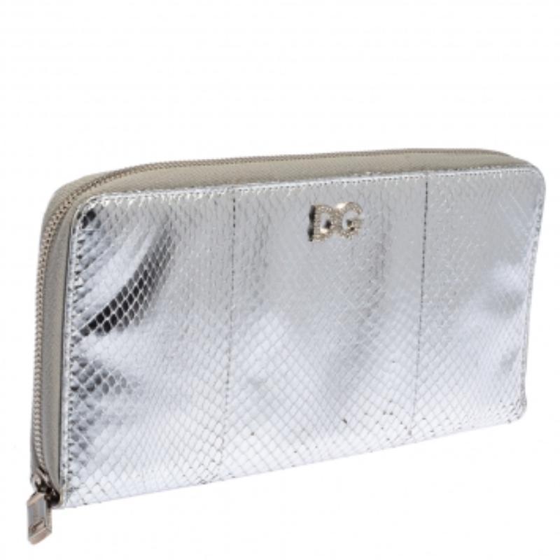 Dolce & Gabbana Silver Python Embossed Leather Zip Around Wallet For Sale 1