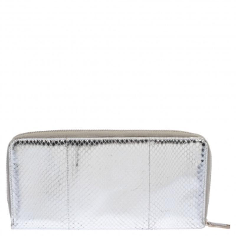 Dolce & Gabbana Silver Python Embossed Leather Zip Around Wallet For Sale 2