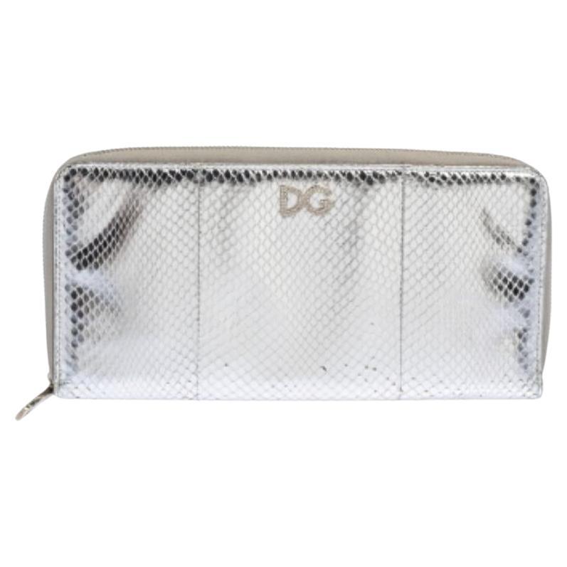 Dolce & Gabbana Silver Python Embossed Leather Zip Around Wallet For Sale