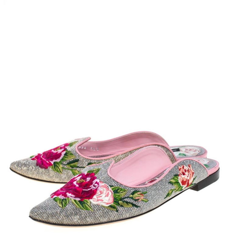 Dolce and Gabbana Silver Rose Embroidered Lurex Fabric Aladino Peony Size  36.5 at 1stDibs