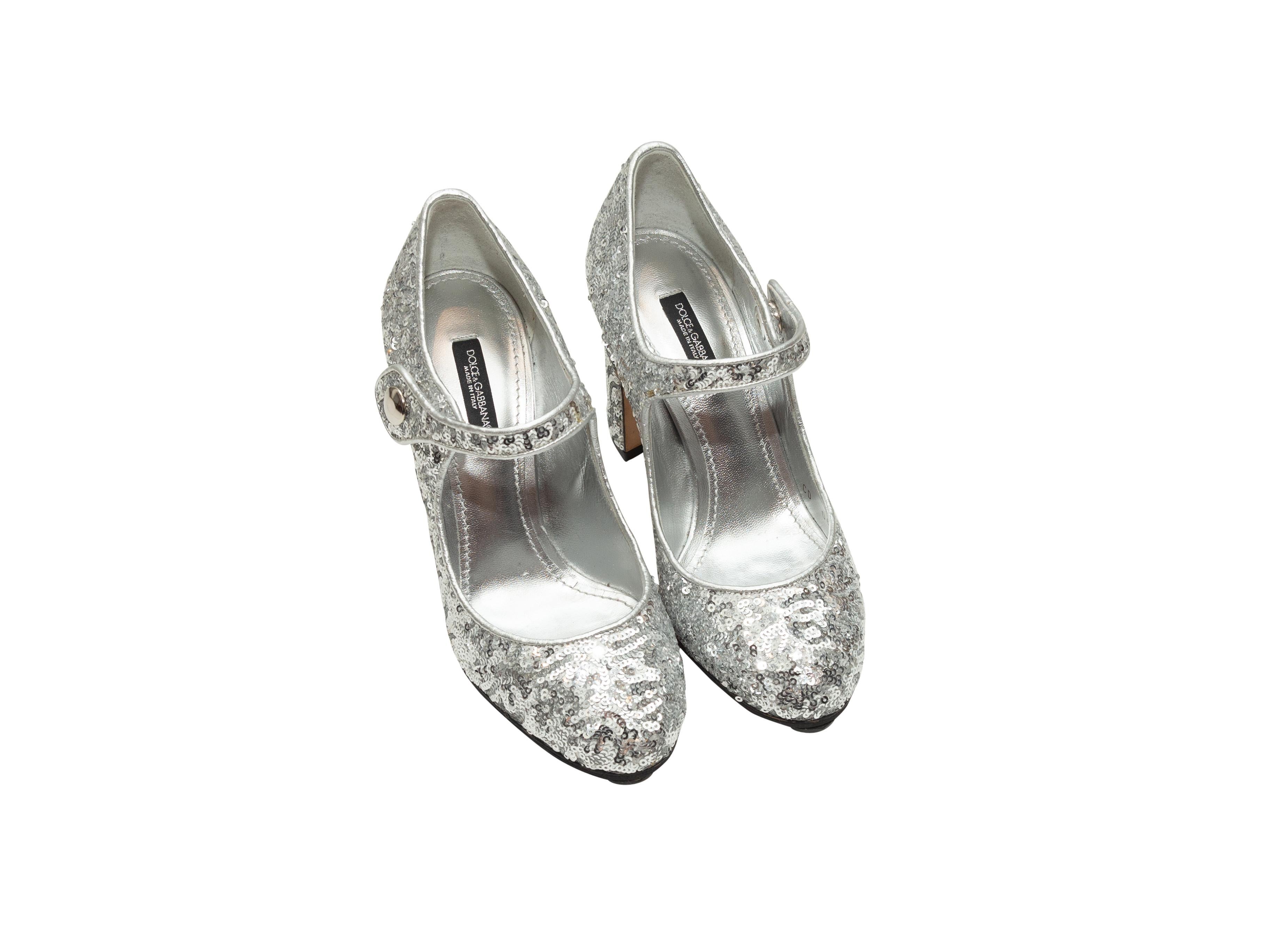 Product details: Silver sequin Mary Jane pumps by Dolce & Gabbana. Block heels. Designer size 36. 3.5